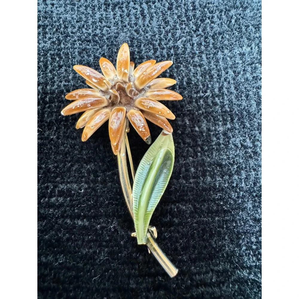 Vintage Enamel Flower Brooch Brown Green Gold Tone Mid Century Floral Pin 2.25
